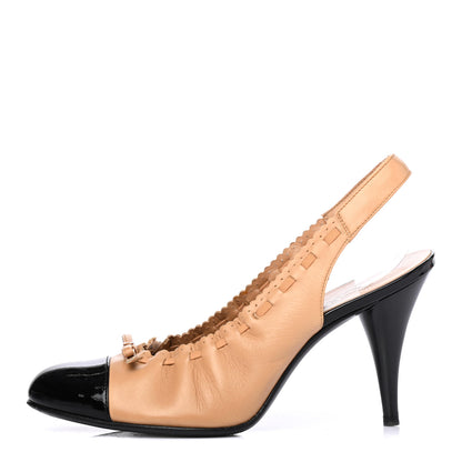 Chanel Cap Toe Woven Slingback Pumps 38 Beige Black 1 of 4