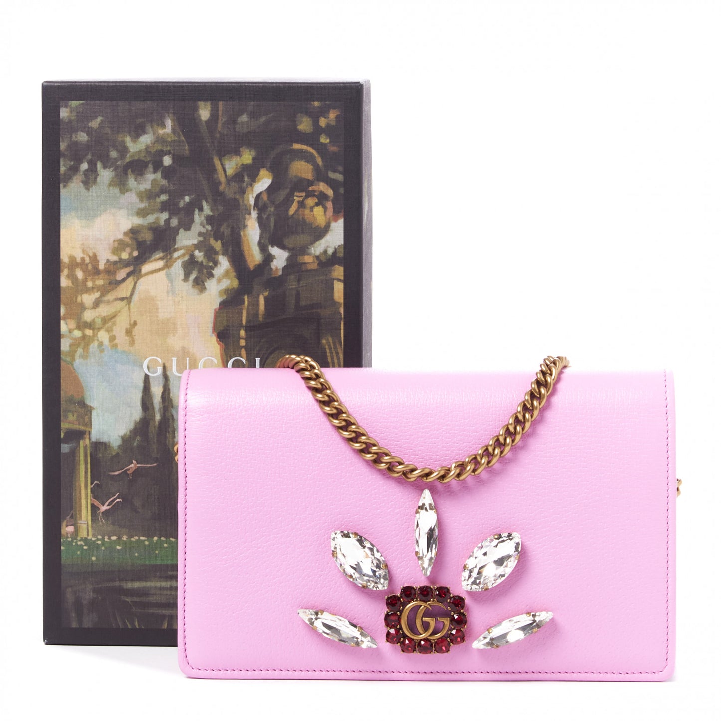 Calfskin Marquise Crystals Mini GG Chain Wallet Malva