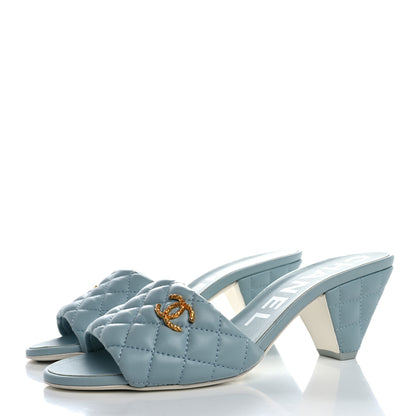 Chanel Lambskin Quilted Textured CC Mules 39 Light Blue 4 of 9