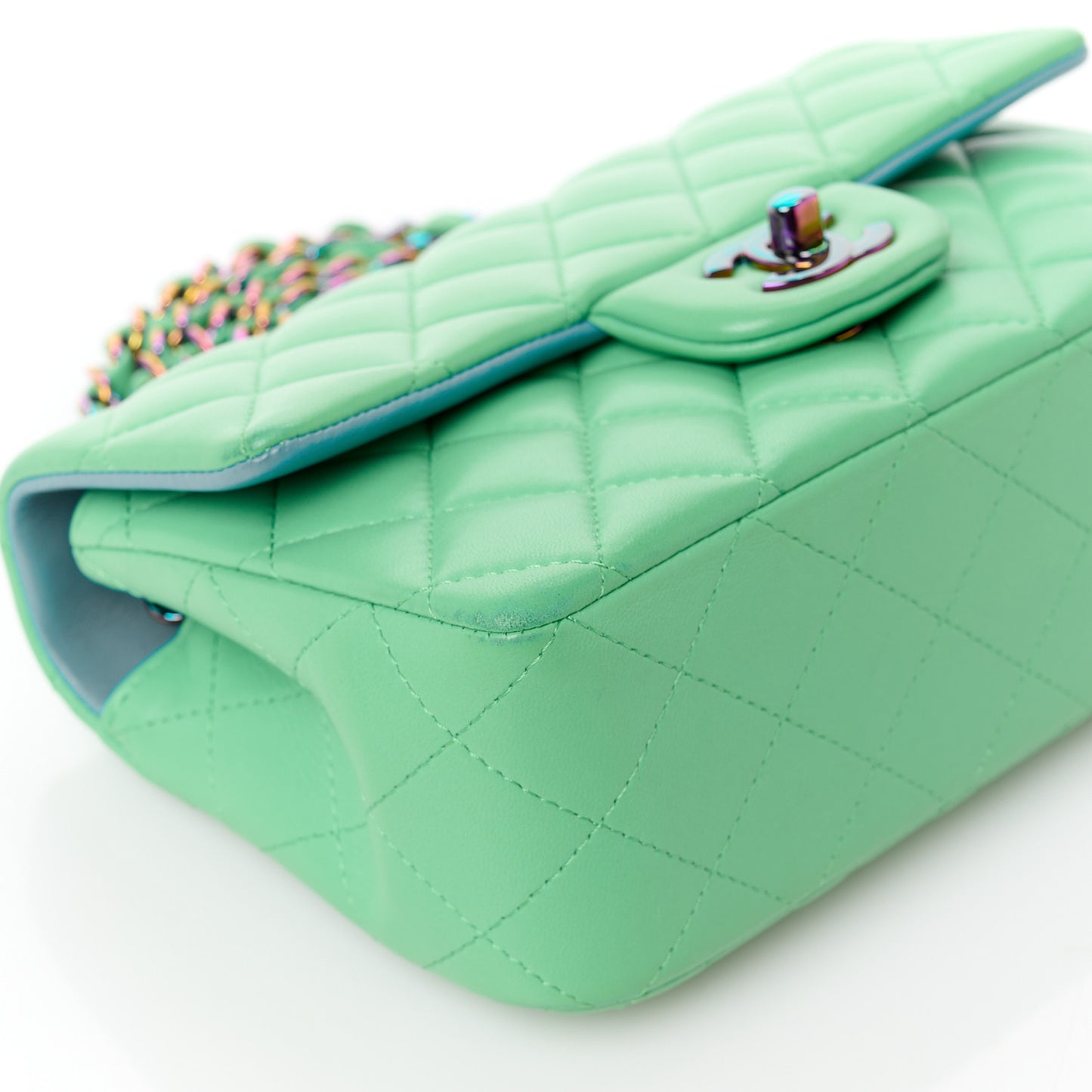 Lambskin Quilted Mini Rectangular Flap Green Blue