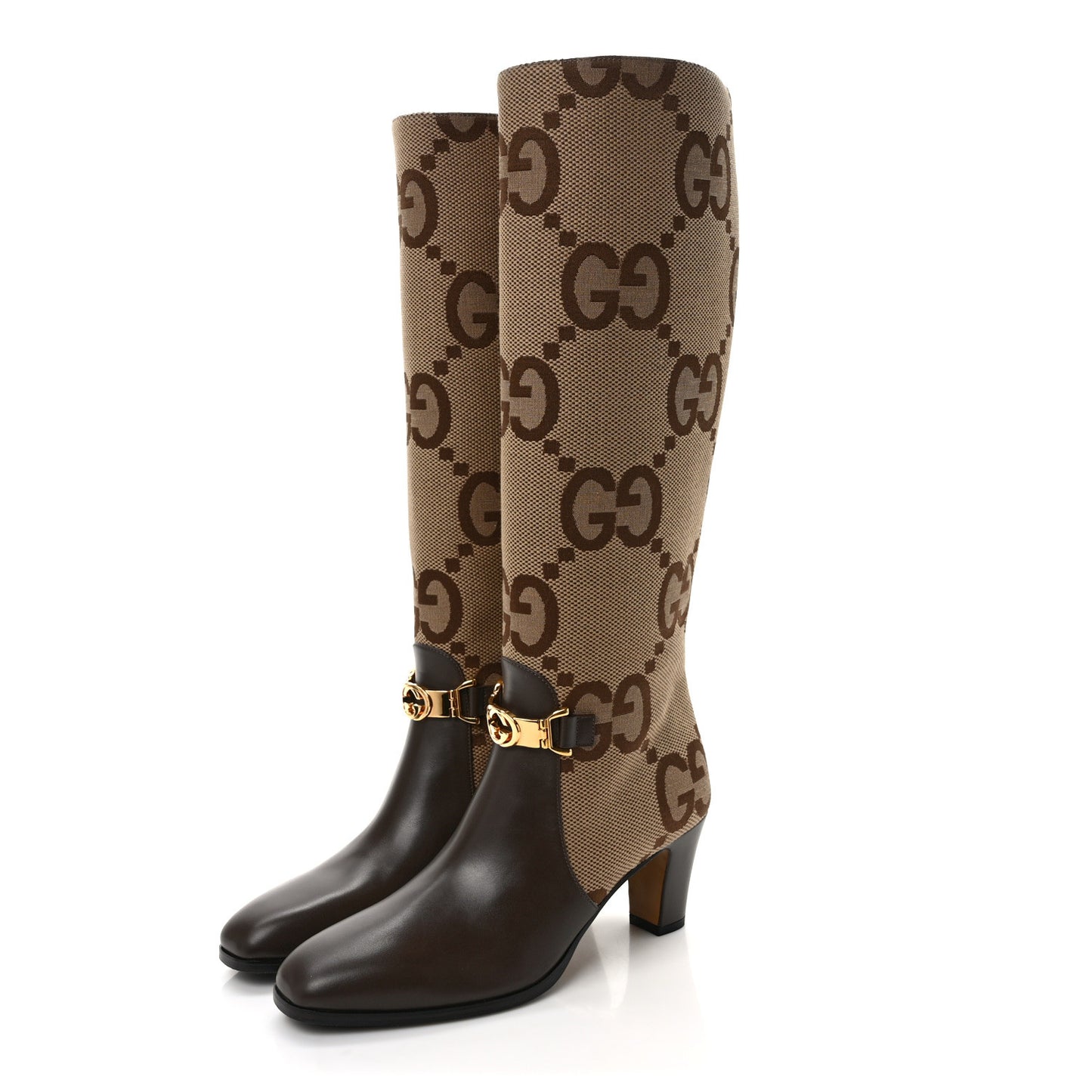 Monogram Jumbo GG Calfskin Interlocking G Anna Boots 38 Camel Ebony