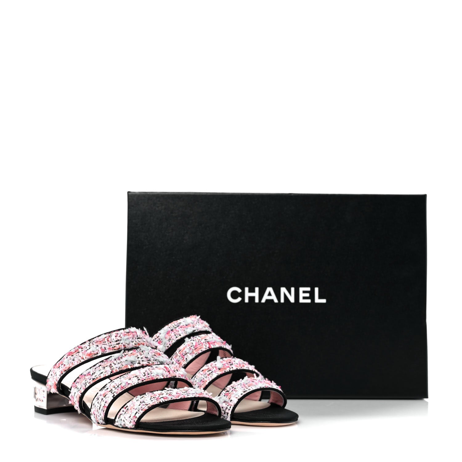 Chanel Tweed Grosgrain Sandals 37 Black Blue Pink 10 of 10