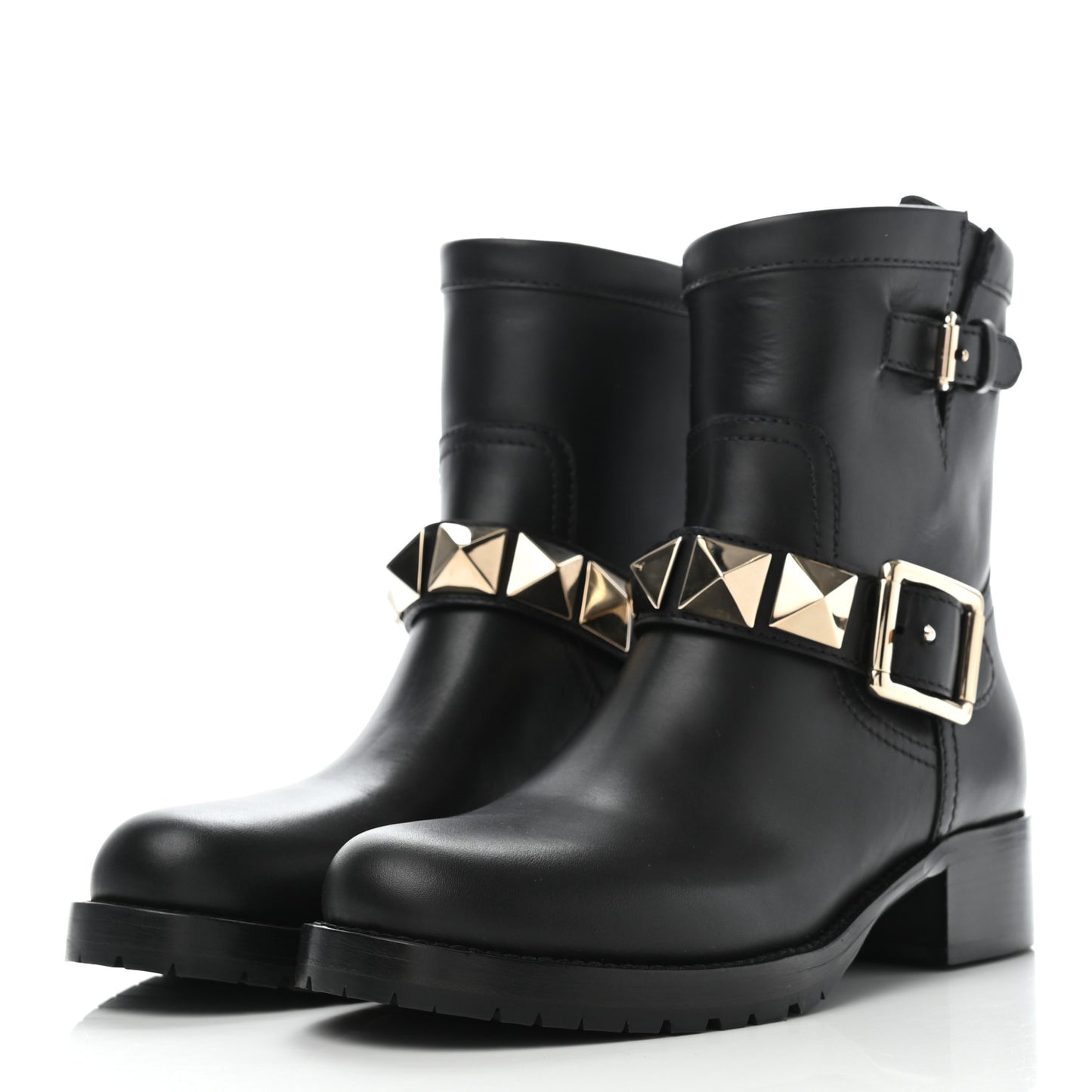 Calfskin Lock Studded 30mm Biker Boots 36.5 Black