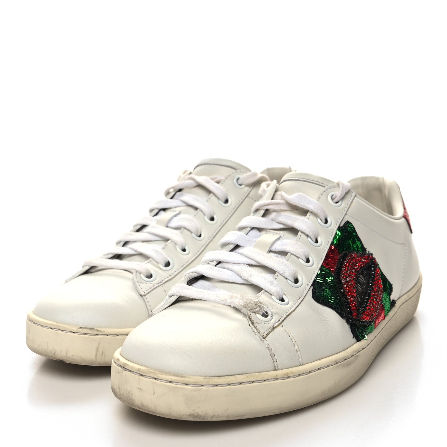 Gucci Calfskin Web Crystal Womens Mouth Ace Sneakers 37.5 White 3 of 12