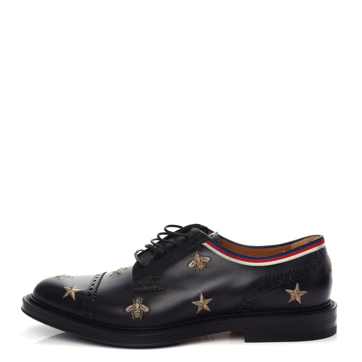Calfskin Sylvie Web Bee Star Embroidered Mens Captoe Derby Loafers 9 Black