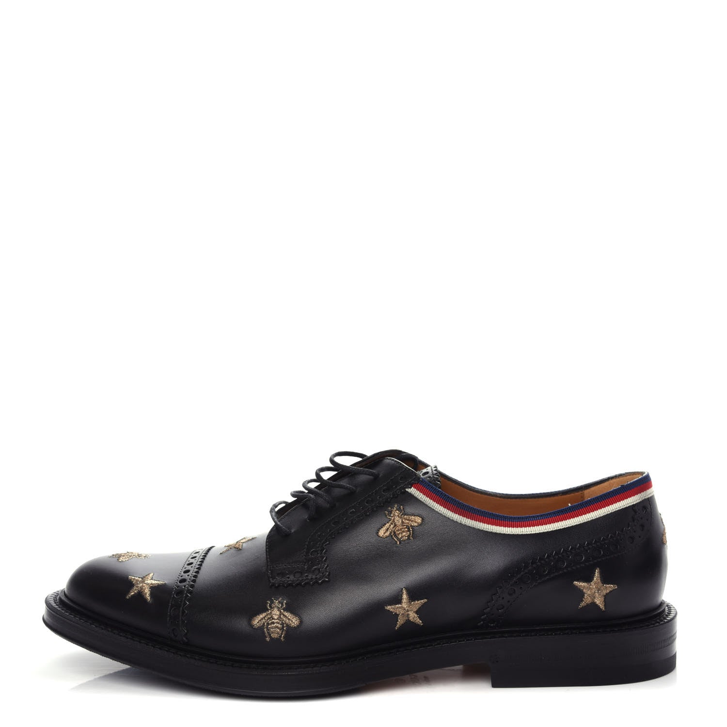 Gucci Calfskin Sylvie Web Bee Star Embroidered Mens Captoe Derby Loafers 9 Black 1 of 11