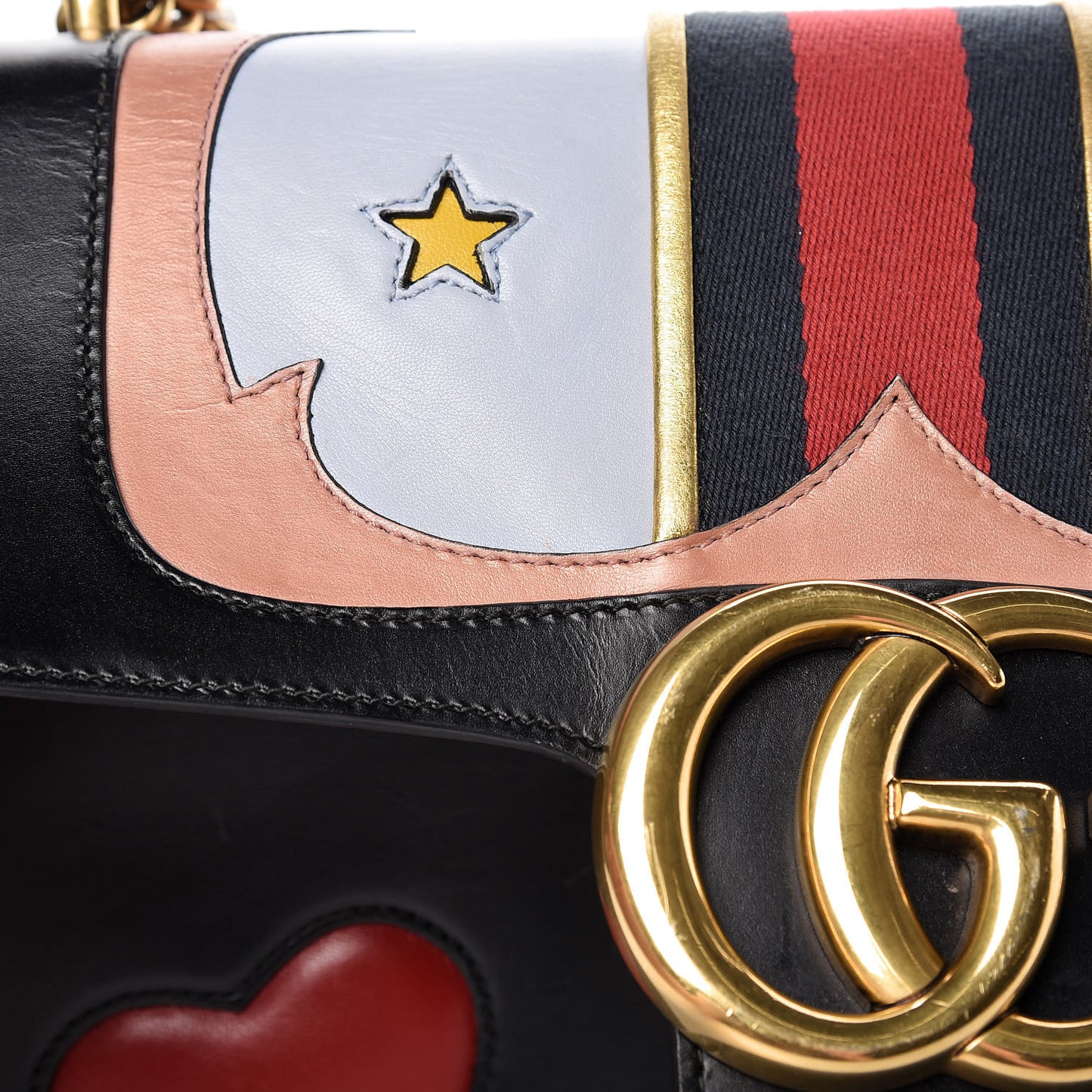 Calfskin Web Heart Medium GG Marmont Chain Handle Bag Black