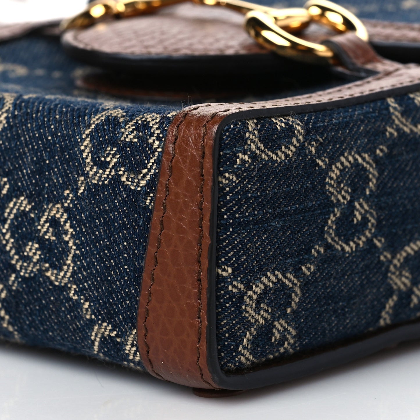 New Denim GG Monogram Dollar Calfskin Mini Horsebit 1955 Crossbody Bag Blue Tea Cuir Epilog