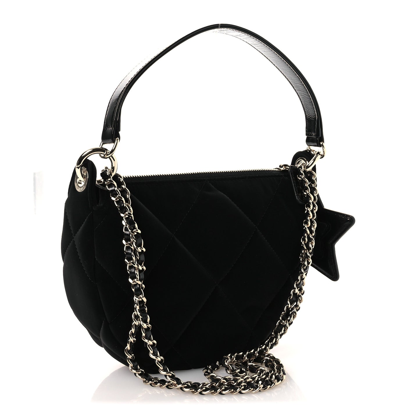 Velvet Effect Nylon Shiny Crumpled Calfskin Coco Neige Quilted Clutch With Chain Black