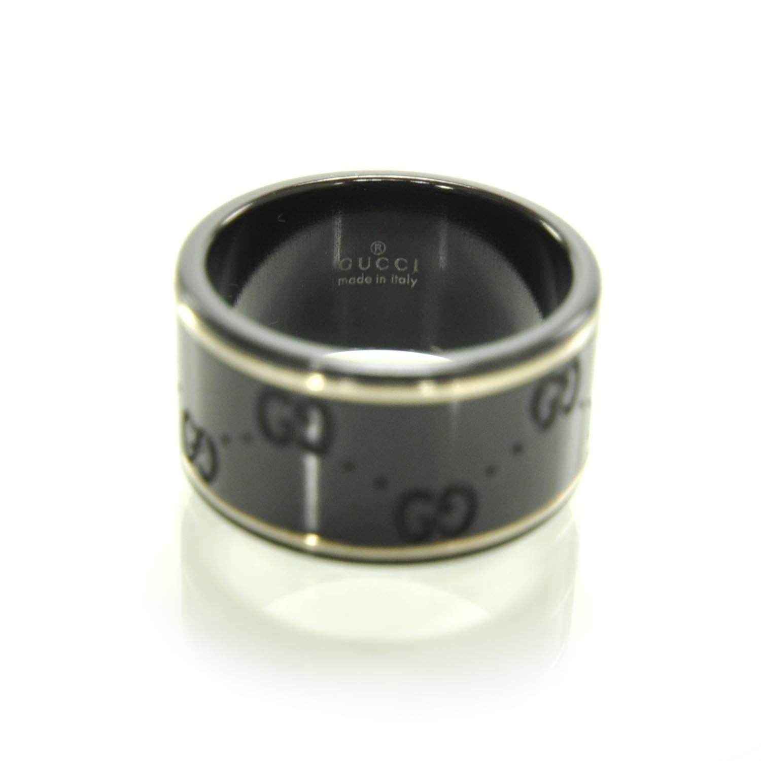 Gucci Black Synthetic Corundum 18K White Gold 12mm Icon Band Ring 21 9 5 of 7
