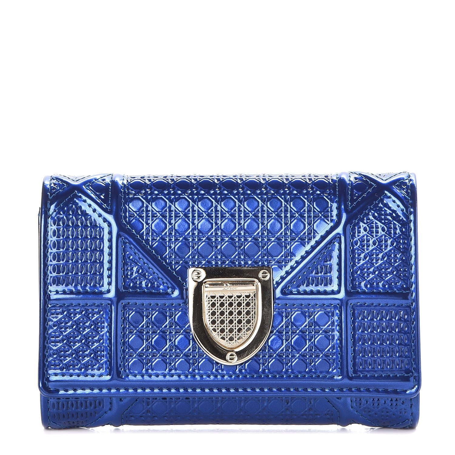 Christian Dior Metallic Patent Micro-Cannage Diorama Elancee Wallet Mirror Blue 1 of 9