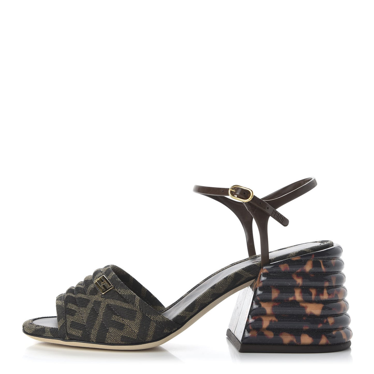 Jacquard Calfskin FF Tortoise Promenade Slingback Sandals 38.5 Tobacco