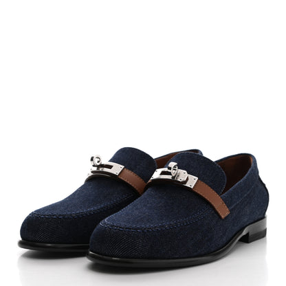 Hermes Denim Canvas Calfskin Womens Destin Loafer 36 Bleu Brut Gold 3 of 9