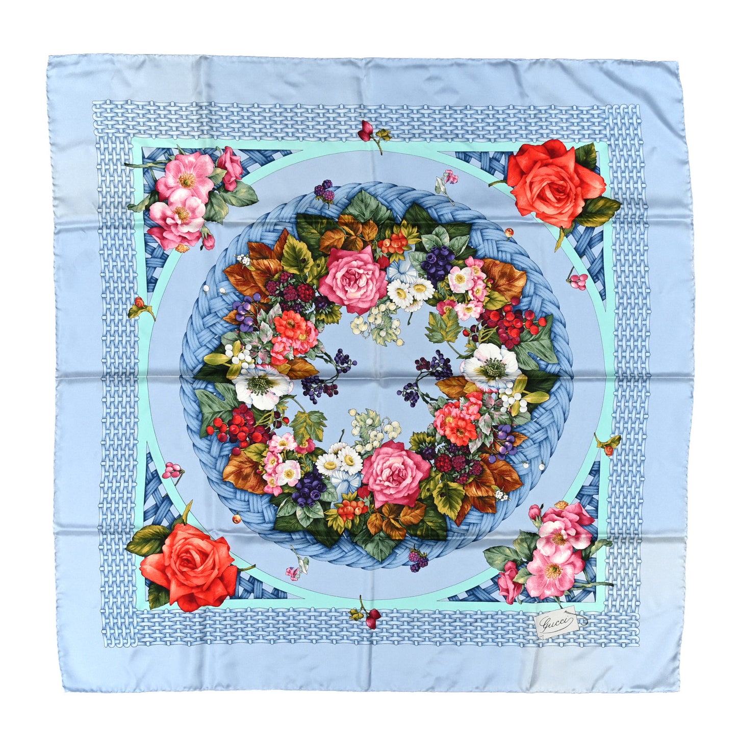 Silk Twill Floral Basket Square Scarf Blue Multicolor