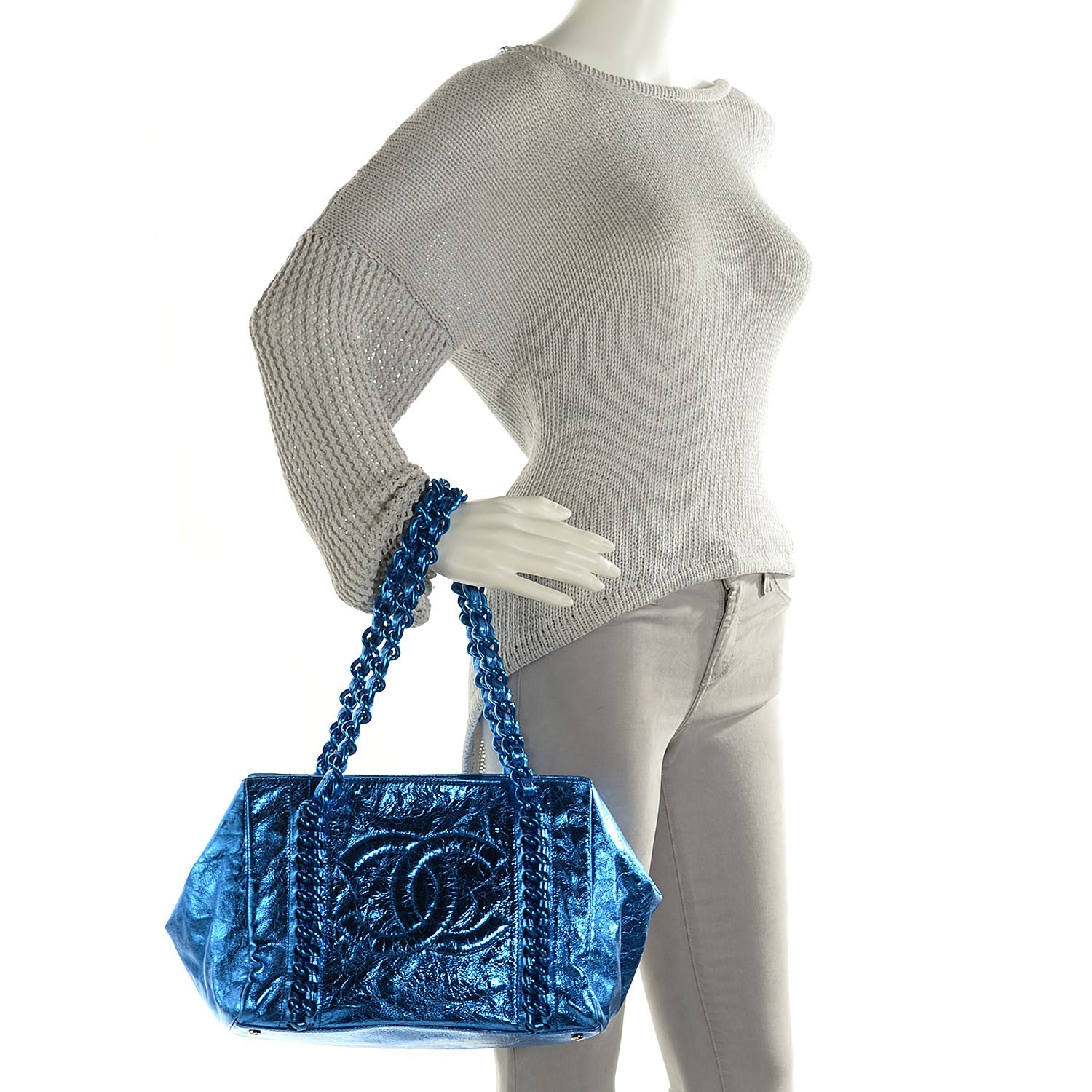 Chanel Metallic Cracked Calfskin Small Modern Chain Tote Blue 2 of 7