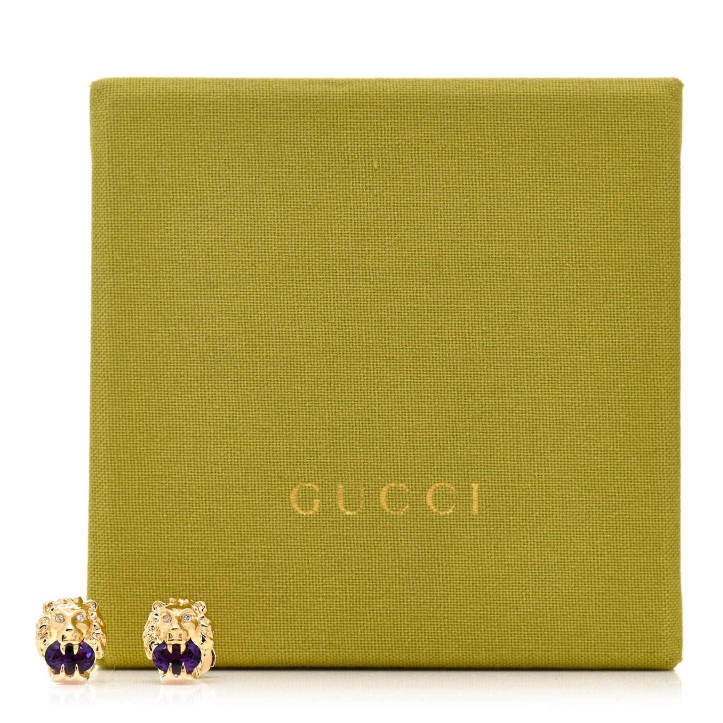 18K Yellow Gold Diamond Amethyst Lion Head Stud Earrings