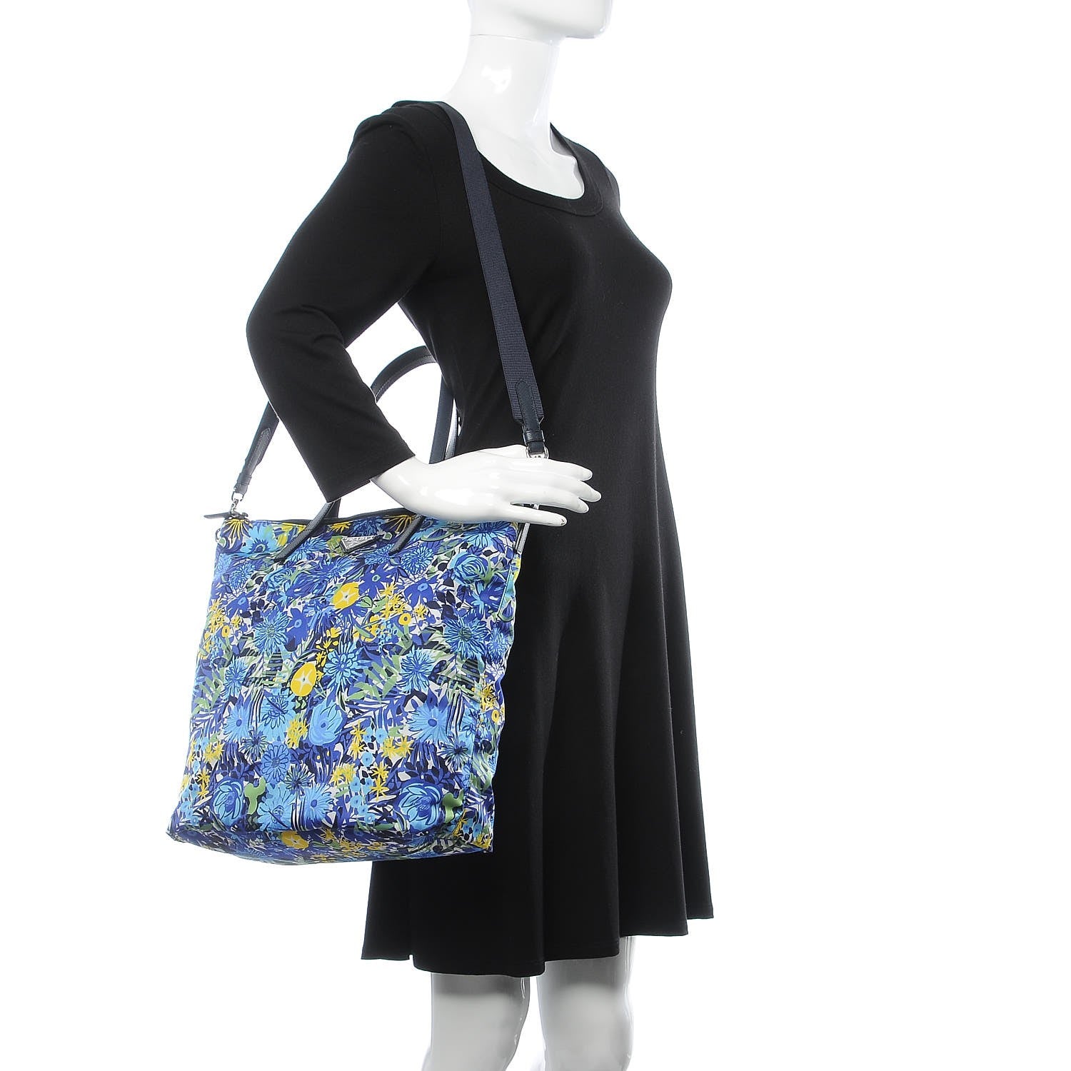 Prada Tessuto Nylon Saffiano Floral Print Tote Bluette Dis Primule 3 of 9