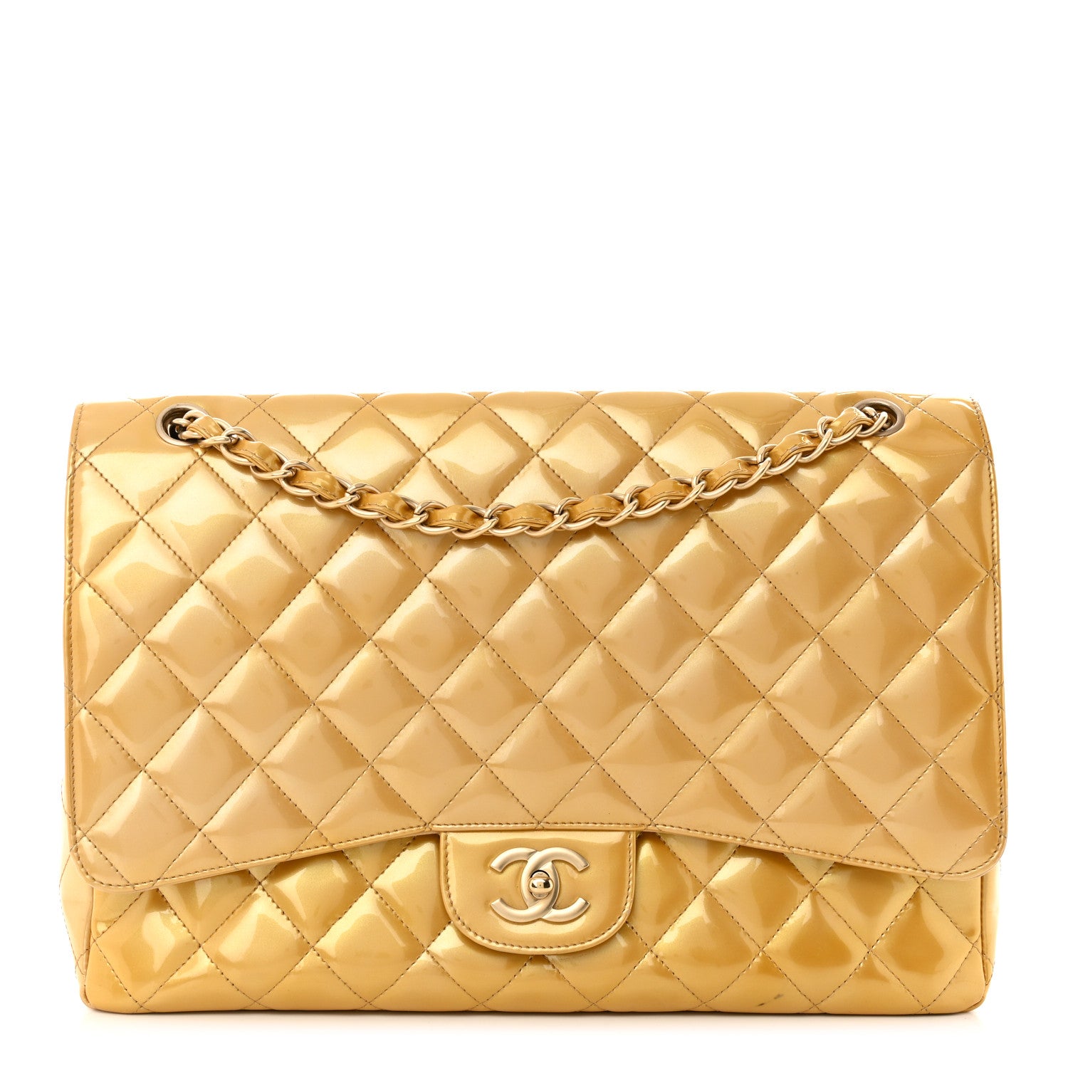 Chanel Metallic Patent Quilted Maxi Single Flap Beige 1 of 14