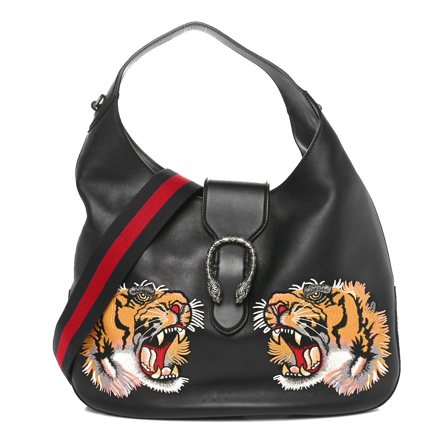 Calfskin Web Tiger Embroidered Large Dionysus Hobo Black