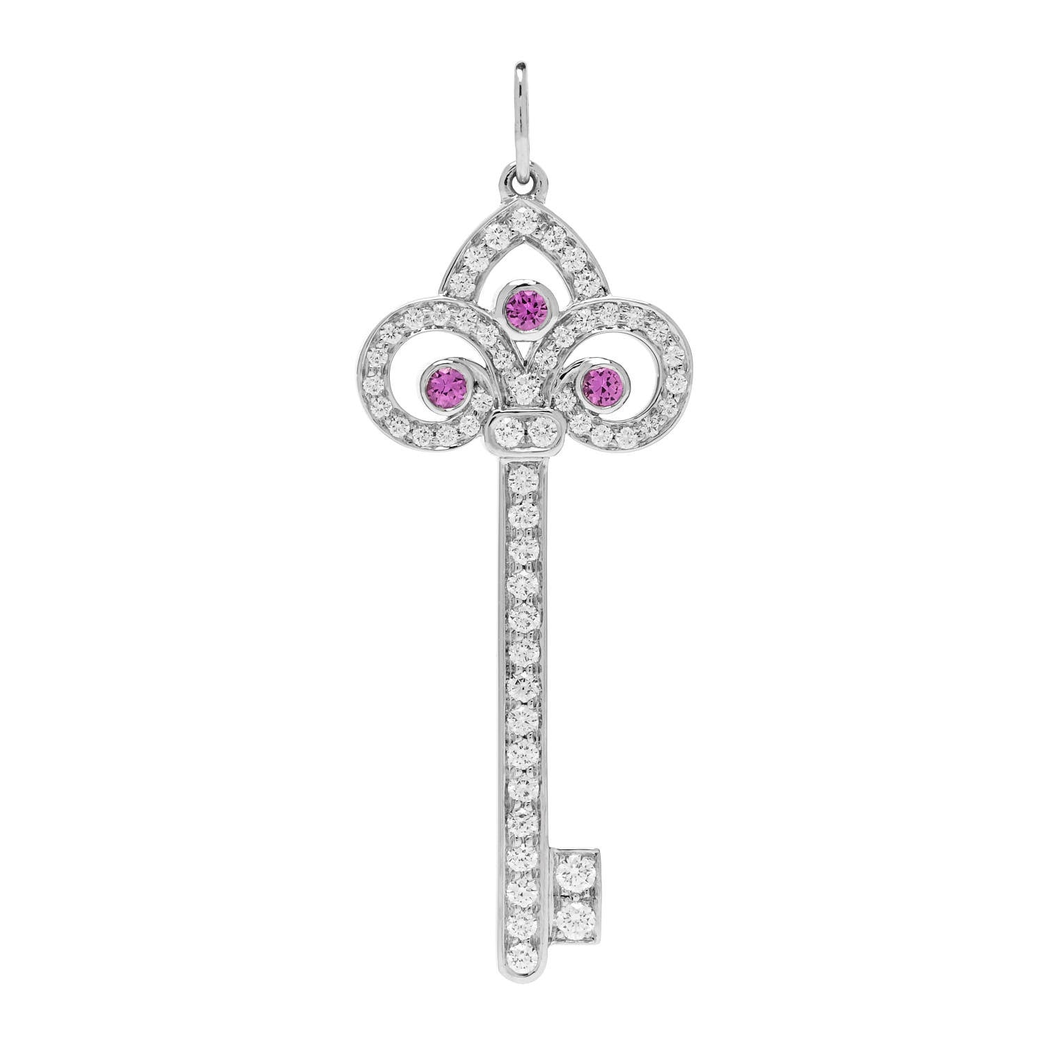 Tiffany Platinum Diamond Pink Sapphire Fleur De Lis Key Pendant 1 of 5