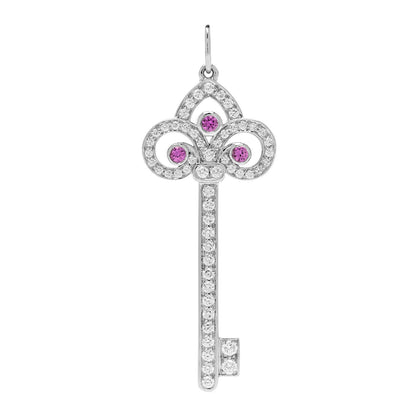Tiffany Platinum Diamond Pink Sapphire Fleur De Lis Key Pendant 1 of 5