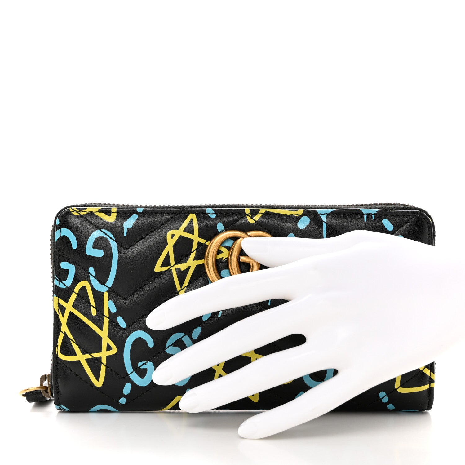 Gucci Calfskin Matelasse GucciGhost GG Marmont Zip Around Wallet Black New Acquamarine 2 of 7