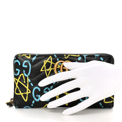 Gucci Calfskin Matelasse GucciGhost GG Marmont Zip Around Wallet Black New Acquamarine 2 of 7