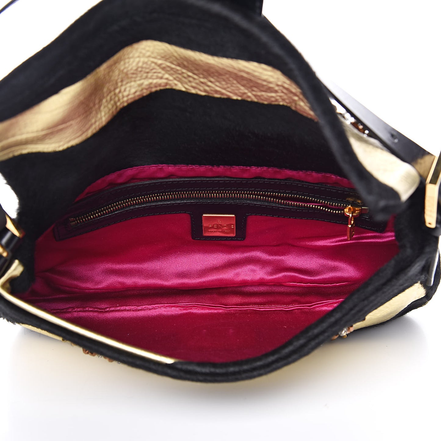Metallic Calfskin Calf Hair Sequin Baguette Black Gold