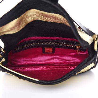 Fendi Metallic Calfskin Calf Hair Sequin Baguette Black Gold 5 of 12
