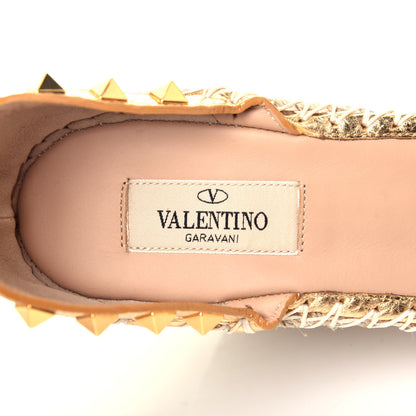Valentino Garavani Metallic Pebbled Calfskin Rockstud Ankle Strap Espadrille 15/105mm Wedge Sandals 39 Antique Brass Natural 7 of 8