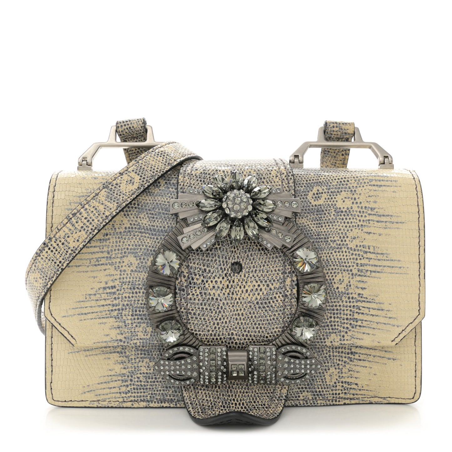 Lizard Embossed Calfskin Studded Jewel Buckle Crossbody Bag Roccia