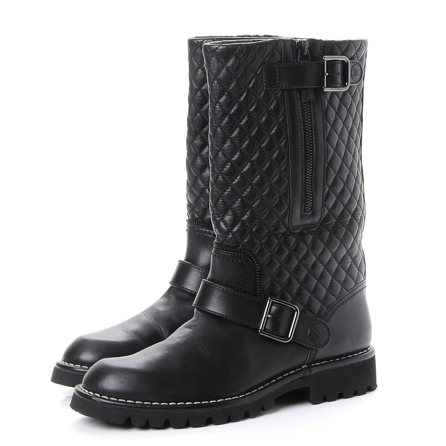 Calfskin Quilted Biker Boots 38 Black