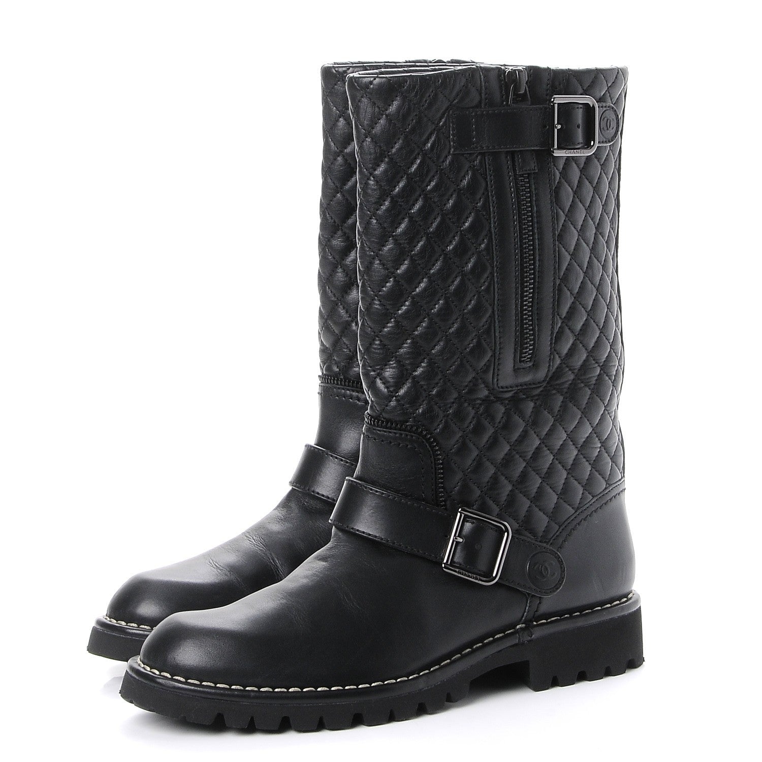 Chanel Calfskin Quilted Biker Boots 38 Black 3 of 8