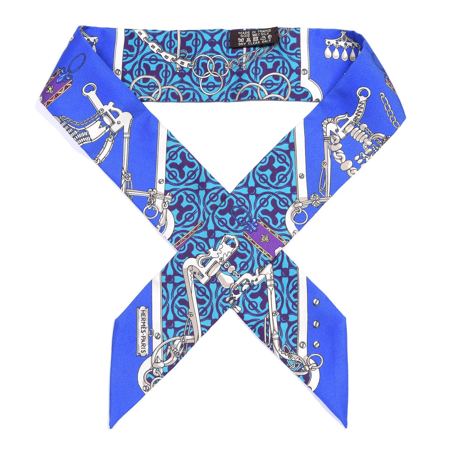 Hermes Silk Mors Et Gourmettes Remix Twilly Bleu Roy Turquoise Prune 1 of 4