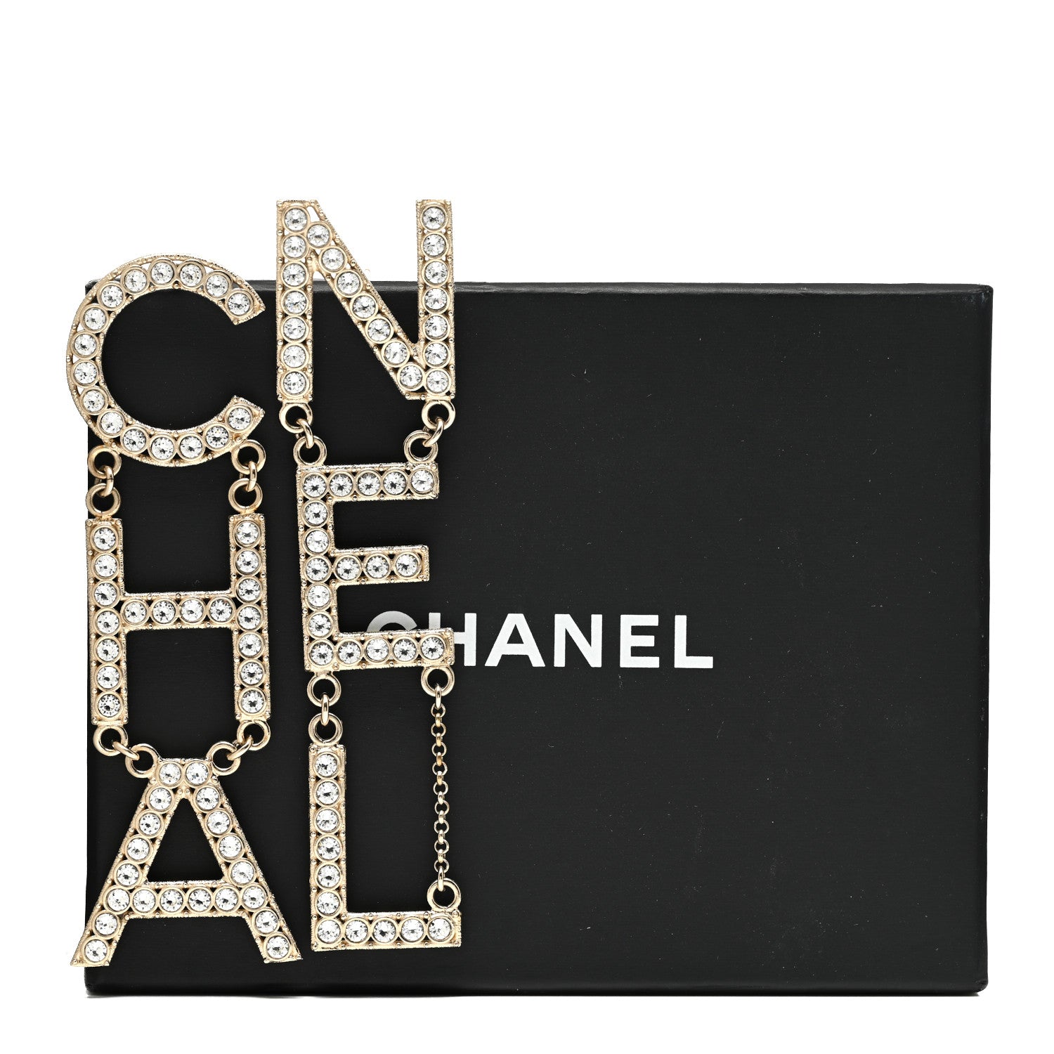 Chanel Crystal Cha-Nel Logo Drop Earrings Gold 5 of 5