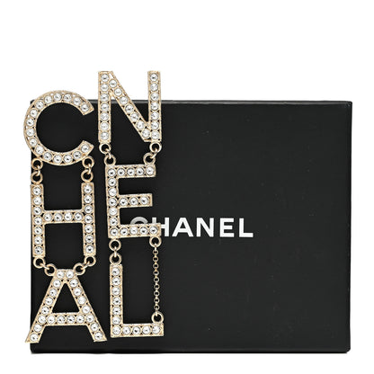 Chanel Crystal Cha-Nel Logo Drop Earrings Gold 5 of 5