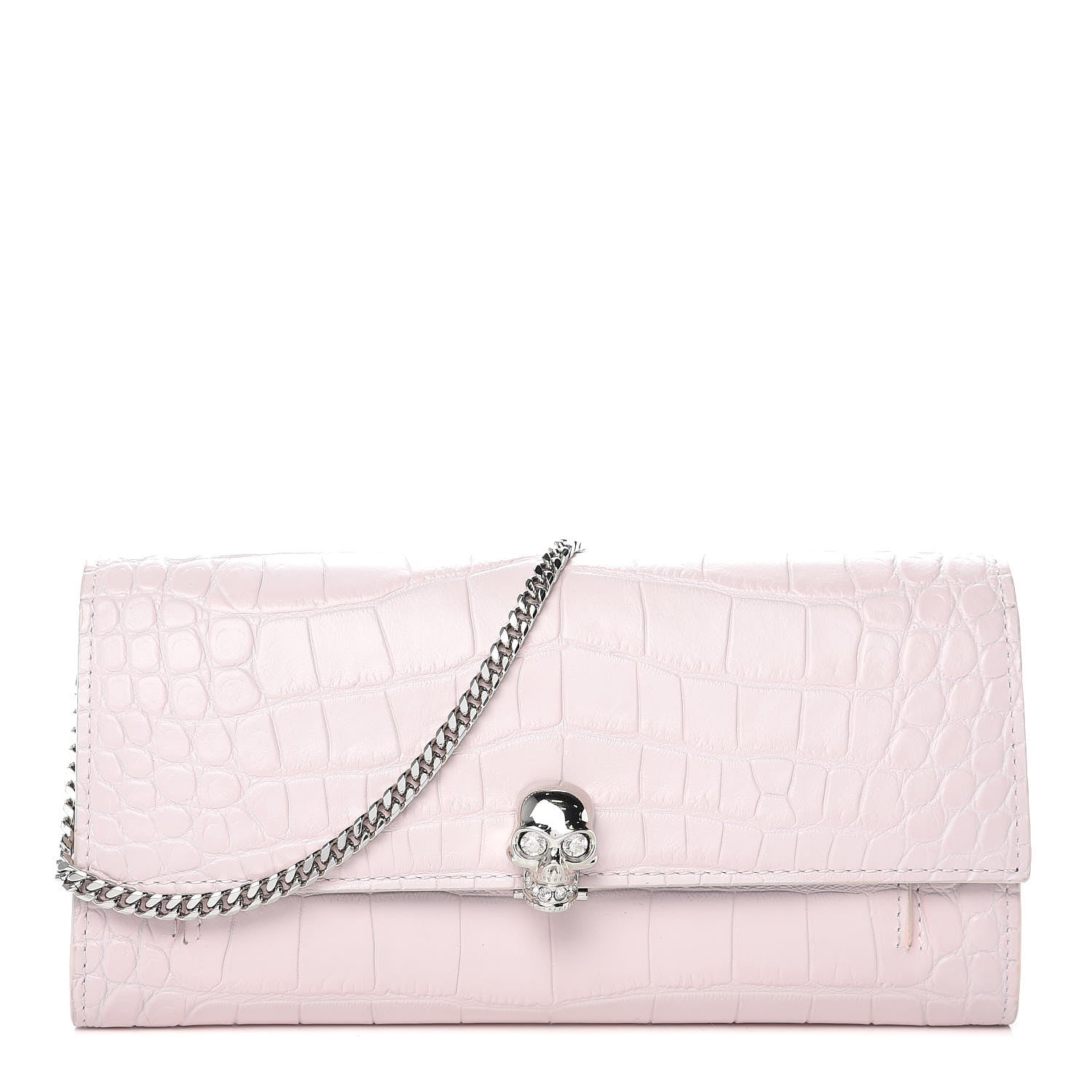 Alexander McQueen Calfskin Crocodile Embossed Skull Wallet on Chain Baby Pink 1 of 9