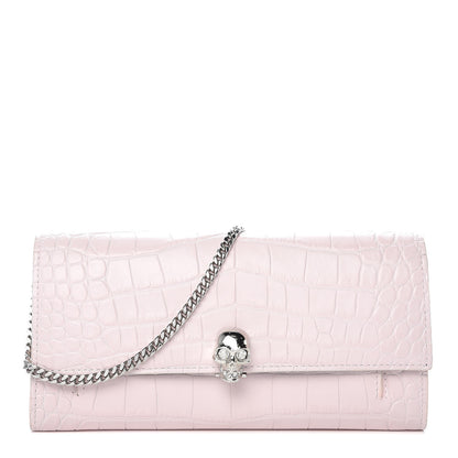 Alexander McQueen Calfskin Crocodile Embossed Skull Wallet on Chain Baby Pink 1 of 9