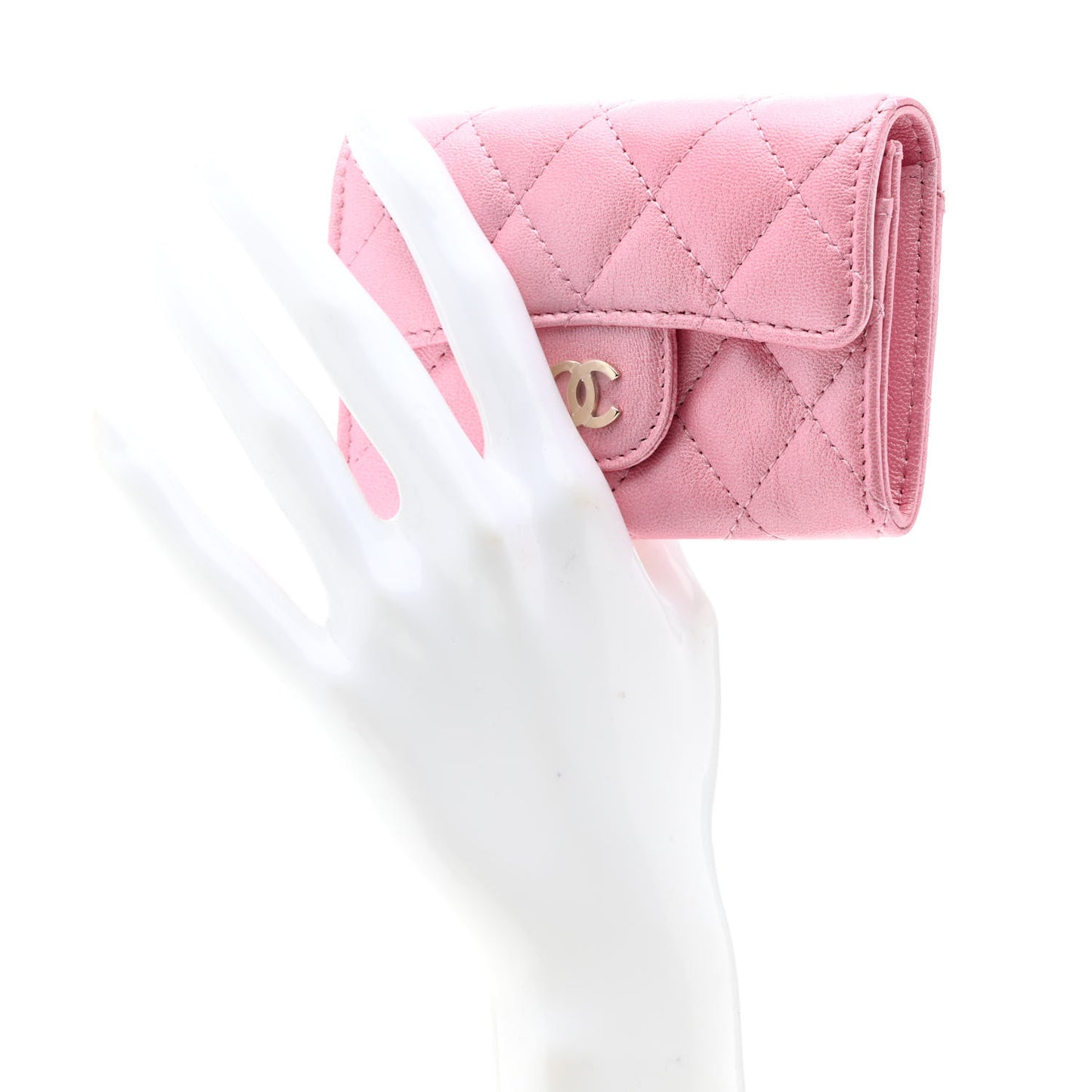 Cloudy Pearly Goatskin Quilted Flap Card Holder Wallet Light Pink