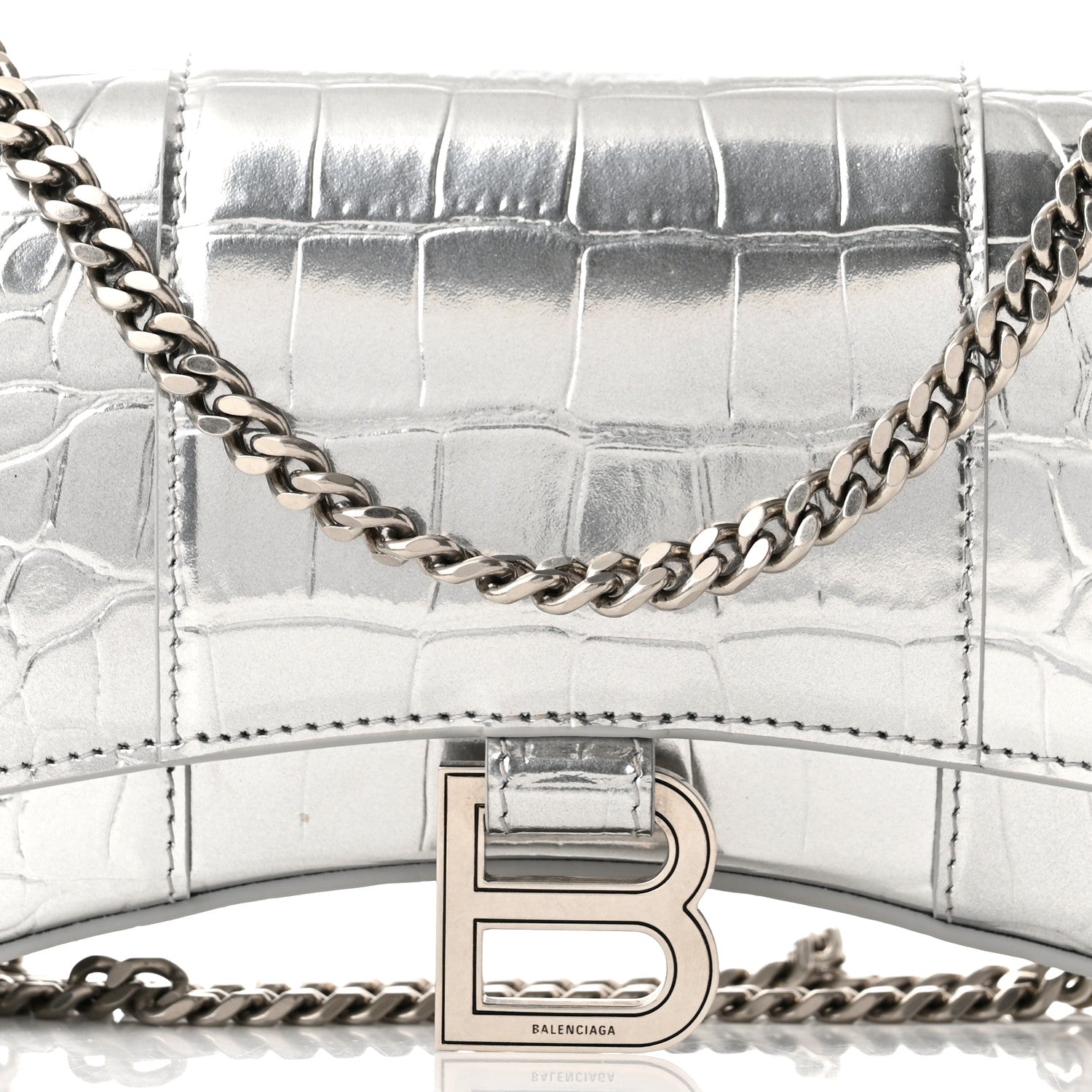Balenciaga Metallic Calfskin Crocodile Embossed Hourglass Chain Bag Silver 6 of 8