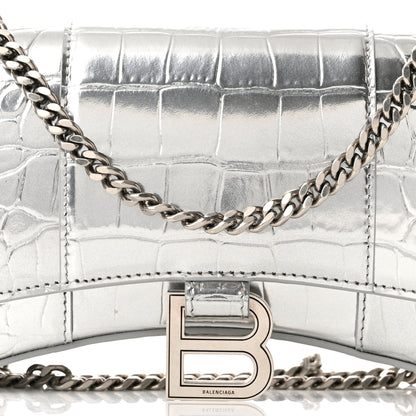 Balenciaga Metallic Calfskin Crocodile Embossed Hourglass Chain Bag Silver 6 of 8