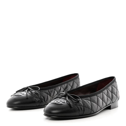 Chanel Aged Calfskin Quilted CC Cap Toe Ballerina Flats 37 Black 3 of 11