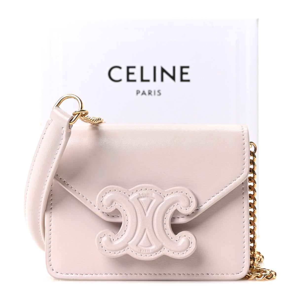 Shiny Calfskin Triomphe Card Holder on Chain Poudre