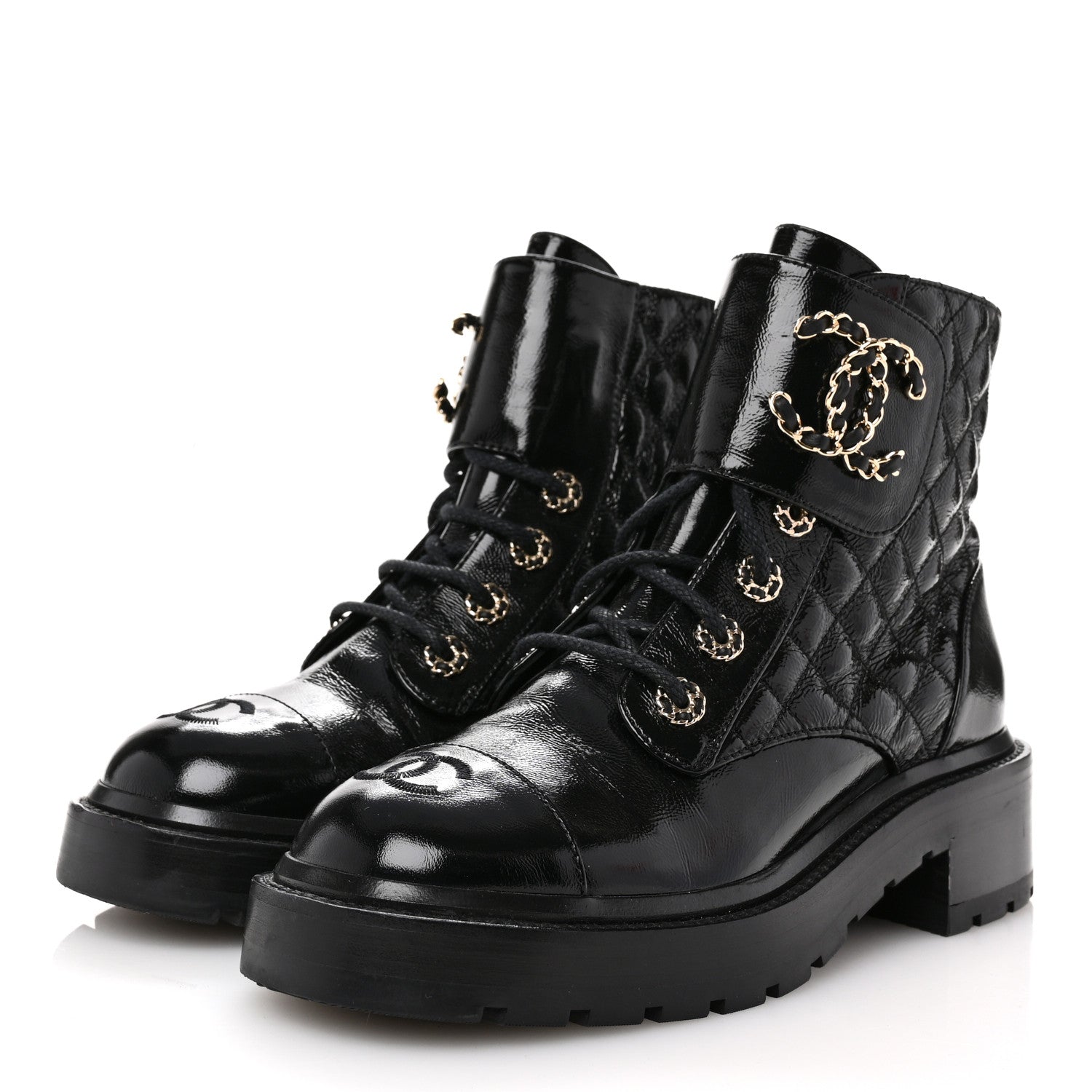 Chanel Shiny Lambskin Quilted Lace Up Combat Boots 37.5 Black 4 of 10