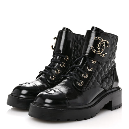 Chanel Shiny Lambskin Quilted Lace Up Combat Boots 37.5 Black 4 of 10