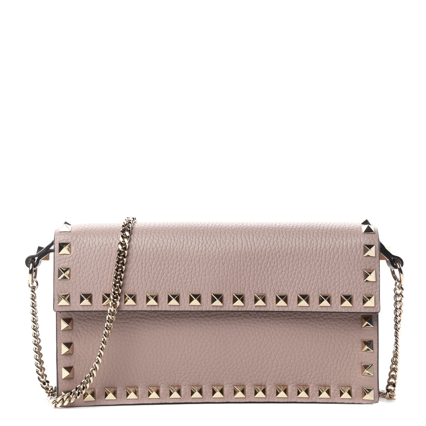 Pebbled Calfskin Rockstud Flap Wallet On Chain Poudre