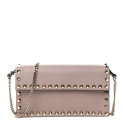 Valentino Garavani Pebbled Calfskin Rockstud Flap Wallet On Chain Poudre 1 of 9