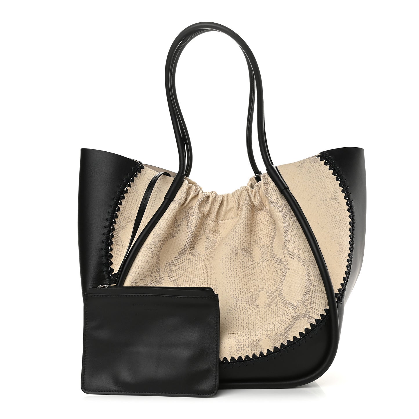 Calfskin Snakeskin Embossed XL Ruched Tote Beige Black