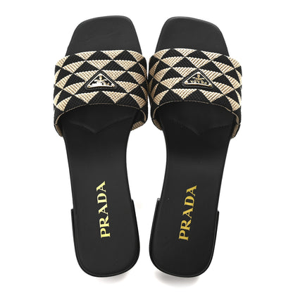 Prada Jacquard Trianglolo Symbole Embroidered Triangle 10mm Slide Sandals 40 Black Corda 2 of 8