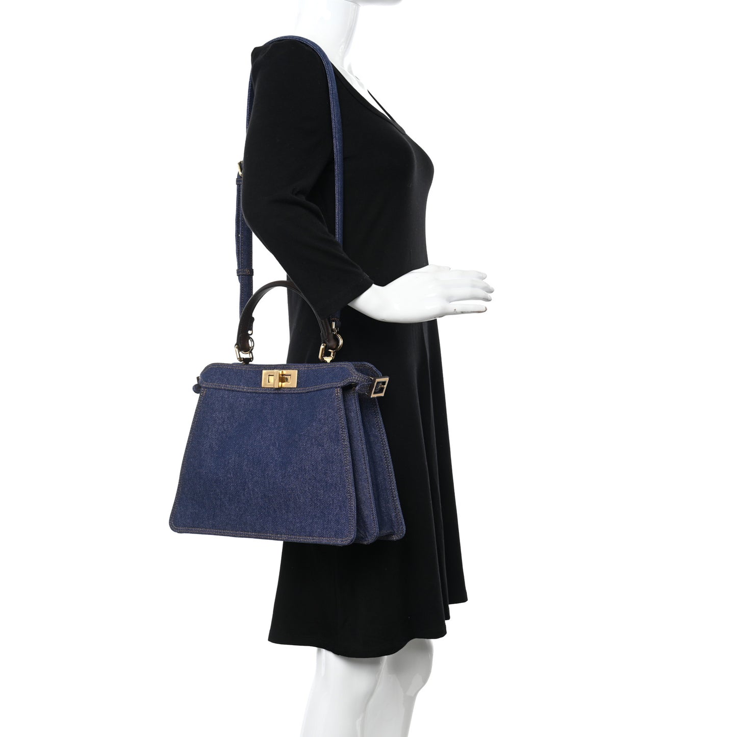 Denim Fabric Jacquard Cuoio FF 1974 Medium Peekaboo I SEE U Satchel Blue Tobacco Moro
